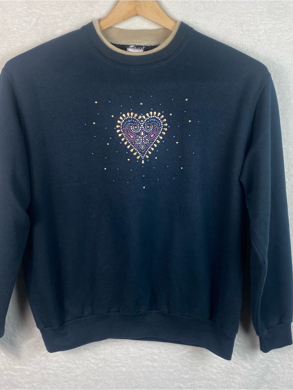 Vtg Morning Sun Sweater Wms Lg Double Collar Heart Rhinestone Grandma 90s Y2K